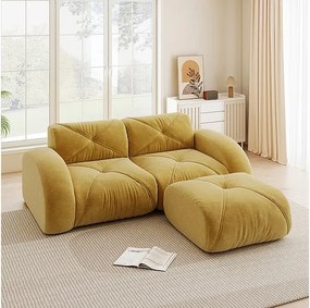 Canapé 2 places d'angle modulable en tissu chenille, avec pouf, 204x171x76cm, Jaune