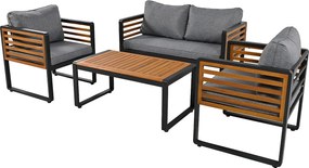 Zestaw mebli ogrodowych - sofa 2-osobowa + 2 fotele + stolik kawowy prostokątny - poduszki siedziska i oparcia - żelazo i drewno - brąz i szarość