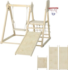 AIYAPLAY 5-w-1 domowy zestaw wspinaczkowy z zjeżdżalnią, huśtawką, siatką do wspinaczki, koszem do koszykówki, składany, 3-6 Jahre, drewno naturalne