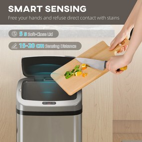 HOMCOM Kosz na śmieci 48 L z czujnikiem do kuchni lub biura, automatyczne zamykanie, stal nierdzewna, srebrny