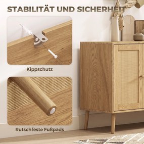 HOMCOM Rattanowa komoda z 4 drzwiami, boho bufet kuchenny z 2 regulowanymi półkami, naturalny wygląd drewna | Aosom PL
