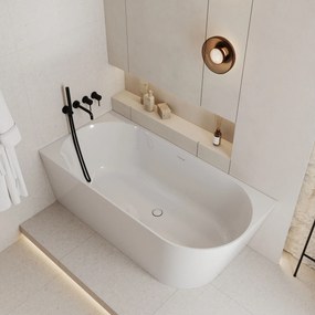 Wanna wolnostojąca narożna lewa z konglomeratu biała błyszcząca/matowa 160 x 75 cm WALL White Glow / Matt z przelewem typu SLIM : Kolor wanny - Biały połysk