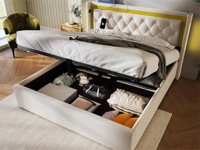 Łóżko tapicerowane ze schowkiem - 160 x 200 cm - z gniazdem USB typu C i diodami LED - stelaż z listew - kolor beżowy