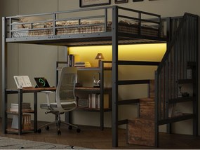 Łóżko na antresoli metalowe 140x200 cm - Z biurkiem i drabiną z pojemnikami - Port USB i oświetlenie LED - Czarny​ (bez materaca)