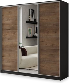 Szafa Przesuwna SORE 200 cm z Lustrem Szafa Trzydrzwiowa z Szufladami Czarna / Dąb Lefkas / Srebrne Profile