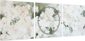 Obraz - Abstrakcja białych kwiatów (z zegarem) (90x30 cm)