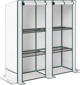 Outsunny Mini szklarnia z 3-poziomową półką, osłona z plastiku, odporna na UV, przenośna, drzwi rolowane, 144 x 48 x 152 cm, Biała