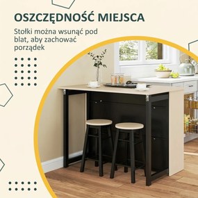 HOMCOM 3-cz. Zestaw Barowy, Bartisch ze Składanym Blatem, 2 Stołki Barowe, 6 Schowków, Czarny+Dąb, 116 x 70 x 89,5 cm