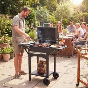 Outsunny Grill węglowy z pokrywą, BBQ Smoker z 2 bocznymi stolikami, dużą powierzchnią grillową, rusztem, termometrem i kółkami | Aosom PL