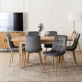 Zestaw Stół Prostokątny Rozkładany SKUBI 120-160 cm Dąb Artisan i 6 Krzeseł Tapicerowanych do Jadalni FREDY Szarych Welurowych