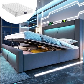 Łóżko podwójne ze schowkiem - 160 x 200 cm - z hydraulicznym stelażem + diody LED + USB + zaokrąglony zagłówek - welurowe - szare (z materacem)