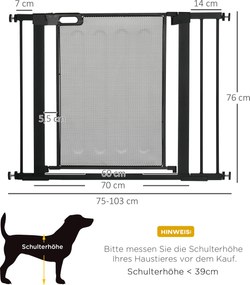 PawHut Brama schodowa zabezpieczająca dla zwierząt, Bramka dla psów, regulowana od 75 cm - 103 cm, Czarny