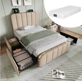 Łóżko dziecięce z pojemnikiem na pościel - 90 x 200 cm - Materac + 4 szuflady + Zagłówek z USB - Tkanina lniana - Beżowy