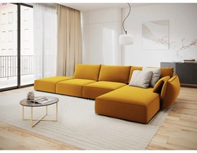 Musztardowy aksamitny narożnik (prawostronny/z szezlongiem) Vanda – Mazzini Sofas