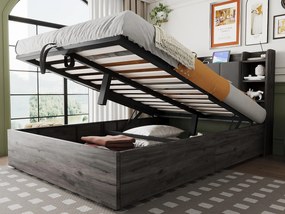 Łóżko z pojemnikiem z drewna 140×200 cm - zagłówek ze schowkiem - z portami USB + Type-C - szare (materac nie jest dołączony)