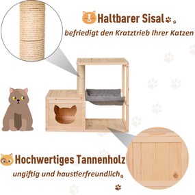 PawHut wielofunkcyjny domek dla kota z drapakiem hamakiem i słupkiem sizalowym drewno jodłowe naturalne | Aosom PL