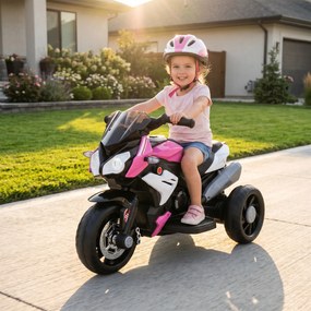 HOMCOM Elektryczny motocykl dziecięcy, światła i dźwięki, 3 km/h, akumulatorowy, tworzywo sztuczne i metal, Różowy/Biały | Aosom PL