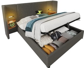 Łóżko tapicerowane z pojemnikiem na pościel - 160 x 200 cm - Stolik nocny + Materac - Lampa i USB - Drewno lite i tkanina lniana - Szary
