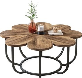 Brązowo-czarny stolik kawowy, 100 cm nowoczesny stolik boczny z drewnianym blatem w kształcie kwiatka i metalową ramą do salonu i sypialni