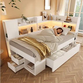 Rozkładana sofa 90x190cm - z LED - z USB/Type-C - z przegródkami do przechowywania i szufladami - biały​ (materac nie jest wliczony w cenę)