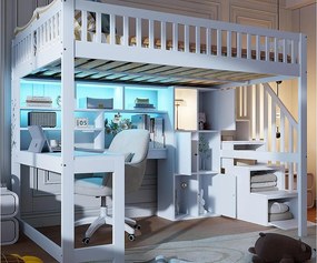 Łóżko piętrowe 140×200 cm - z oświetleniem LED - ze schodami ze schowkiem - z półkami - z biurkiem - Białe (materac nie jest zawarty)