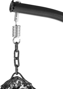 Czarny wiszący fotel KOKON ze stojakiem, beżowa poduszka