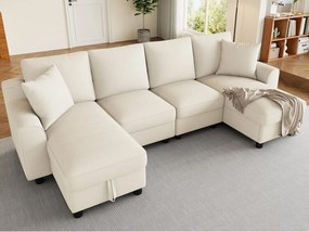 Nowoczesna sofa narożna w kształcie U 280×137×84 cm - zawiera dwie poduszki - z miejscem do przechowywania - tkanina chenille - beżowa
