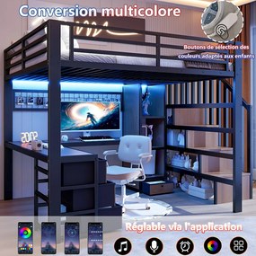 Łóżko piętrowe dla dzieci - 140 x 200 cm - rama żeliwna - z 4 szufladami + półka + drabinka + diody LED + biurko - metalowe - czarne