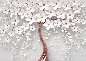 Obraz - Obraz białego drzewa z kwiatami, rosegold (70x50 cm)