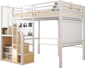 Łóżko mezzanine dla dzieci 140x200cm - z drabiną zabezpieczającą i schowkami - Białe