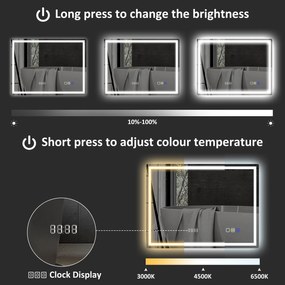 HOMCOM Lustro łazienkowe LED z funkcją przeciw zaparowaniu, 3 regulowane kolory światła, zegar, 600 x 800 mm, Srebrne