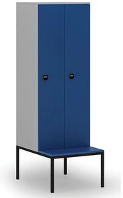 Drewniana szafa ubraniowa S4 z ławką, 2-drzwiowa, 1871 x 600 x 500/800 mm, demontaż, zamek RFID, szary/niebieski