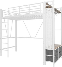 Łóżko antresolowe 90x200 cm, łóżko dziecięce z 4 szufladami i drążkiem na ubrania, port USB - biały metal (bez materaca)