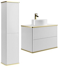 Podwieszana szafka łazienkowa prążkowana z okrągłą umywalką nablatową i kolumną - Biała - 80 cm - KELIZA