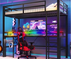 Łóżko na antresoli 90x200 cm - Oświetlenie LED - Wbudowane biurko - 1 port USB + 1 port Type-C + 2 gniazdka elektryczne - Czarny​ (materac nie jest wliczony w cenę)