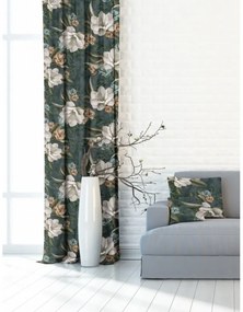 Zasłona dekoracyjna w kwiaty wzór magnolia zielona - szer. 150 cm