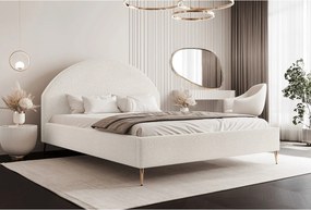 BESILIO Łóżko tapicerowane Boucle 160x200 Velora II - stelaż listwowy, wezgłowie, pojemnik, łóżko slim, wysokie złote nogi - Kremowy