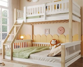 Łóżko piętrowe 90x200 cm + 140x200 cm - z drabiną - z barierką - biały + naturalny (materac nie jest dołączony)