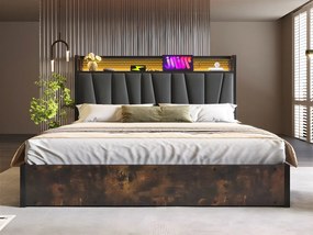 Łóżko z pojemnikiem 160x200cm z tkaniny lnianej - z LED, portami ładowania i stelażem na listwy - Szare