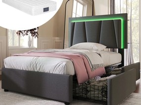 Łóżko dziecięce tapicerowane 90 x 200 cm 2 szuflady + regulowany zagłówek - LED - Tkanina lniana - Szare + Materac