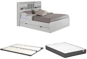 Łóżko ze skrzynią 140 x 190 cm - Sosna - Biały + Stelaż + Materac - MEDERICK