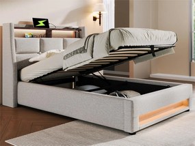 Łóżko z lnu 90x200cm z LED i portami USB - stelaż na listwach - beżowe