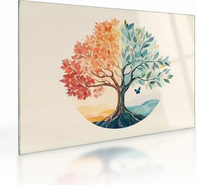 Obraz na szkle – Podwójne drzewo z motylem (70x50 cm)