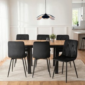 Zestaw Stół Kwadratowy Rozkładany MAX 80-160 cm Dąb Craft/Czarny i 6 Krzeseł ROBIN Czarnych Welurowych