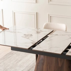 Zestaw Stół Rozkładany Ceramiczny LIZBONA 160-200 cm Biały Marmur/Orzech i 4 Krzesła Tapicerowane GRENADA Kremowe Nowoczesne