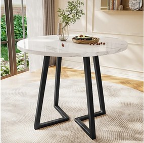 Stół jadalny - 80 x 80 x 75 cm - okrągły metalowy stół z nowoczesnym wzorem marmuru - MDF - biały/złoty