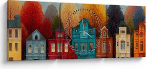 Obraz - Malowane jesienne miasto (z zegarem) (90x30 cm)