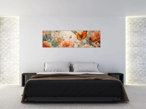 Obraz - Motyl i kwiaty, obraz olejny (170x50 cm)