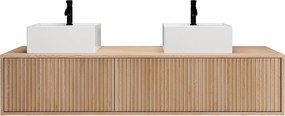 Podwieszana szafka łazienkowa prążkowana z podwójną umywalką - Jasny naturalny - 150 cm - ARNEGA