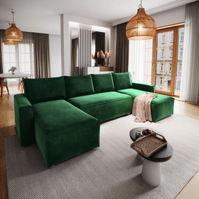 Masseno Narożnik DENI z funkcją spania i pojemnikiem na pościel Narozniki U, Rozkładana sofa - Butelkowa zieleń, MONOLITH 37